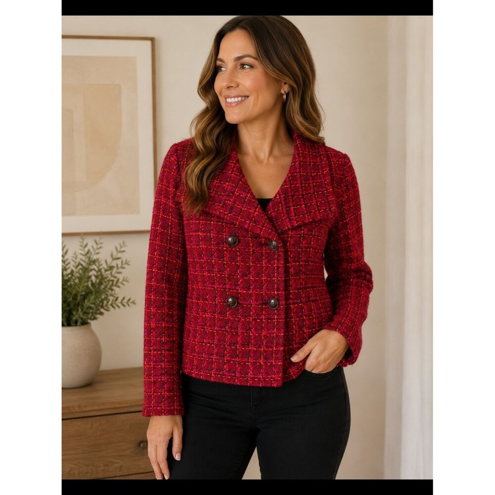 Talbots Petites 8P Red Tweed Double Breasted Jacket Career Blazer Textured